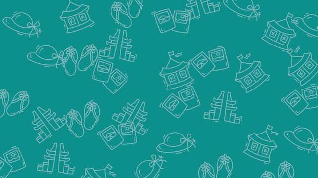 Dynamic teal video pattern with doodle icons and finance motifs.