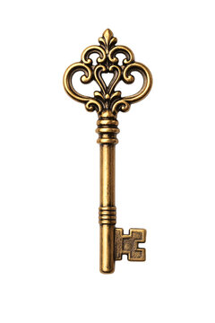 Antique ornate golden skeleton key with intricate scrollwork and png isolated transparent