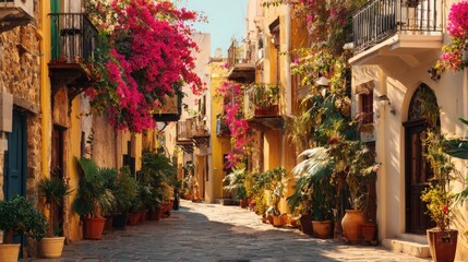 Fototapeta premium Sun-drenched European cobblestone street lined with vibrant flowers and lush plants
