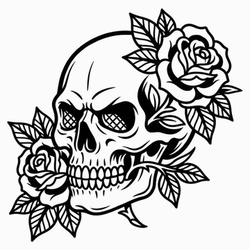 Skull and roses tattoo style vector illustration