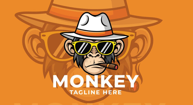 Illustration of a cartoon monkey wearing sunglasses and a hat on an orange background