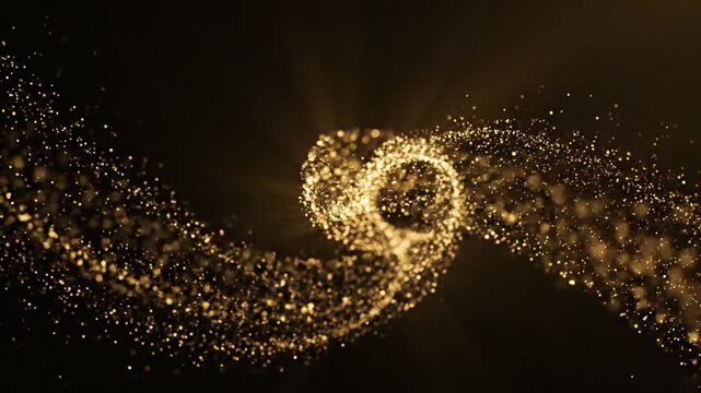 Golden particles swirl in a mesmerizing dance on a dark background