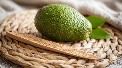 Obraz premium A single, perfectly ripe green avocado with textured skin rests on a woven surface, highlighting its natural beauty and freshness for healthy eating.