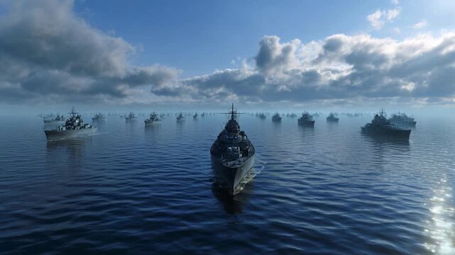 Fleet of naval warships sails in formation across calm ocean waters under partly cloudy sky. Ships appear disciplined, silent, and united, suggesting military readiness or ceremonial display