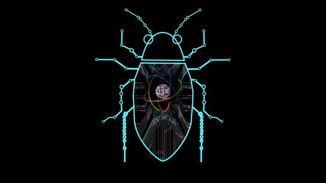 A neon outline of a bug with intricate patterns and futuristic core with atom move around on a dark background