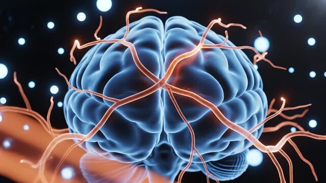 Illustration of a human brain with blood vessels for tech concepts, digital marketing, and scientific projects