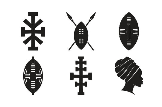 Silhouette set bundle of african woman portrait and tribal shield art.