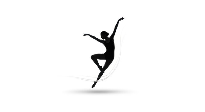A black and white silhouette of a dancer in mid-air, with arms raised and legs bent, against a white background.