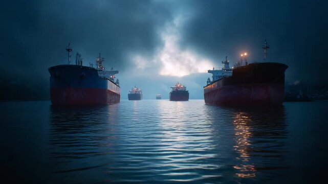 Nighttime harbor with large cargo ships docked under stormy sky. Lights reflect on calm water, creating moody atmosphere. Ships stand still, silent and imposing in dim light. Perfect for shipping