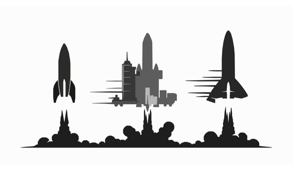 Futuristic Rocket Launch Silhouette Set Showing Space Mission Stages Vector Illustration Collection