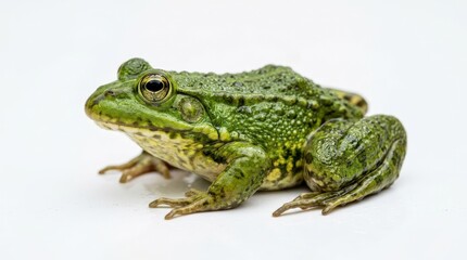 Fototapeta premium Green Frog Sitting on White Surface, Close-Up Photo of Amphibian with Detailed Texture