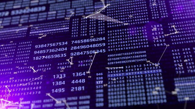 HUD Futuristic Digital Data Number Code Animation Perspective View With Low Poly Moving 4K Motion. Abstract Binary Decimal Number Monitor Display