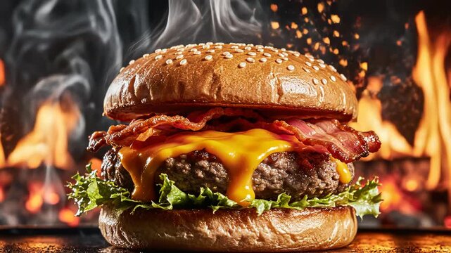 Steaming burger with bacon and cheese for corporate presentations, business marketing, and commercial use