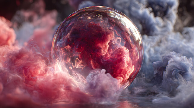 Glass sphere filling with colorful swirling smoke in large scale 3d pyro simulation render