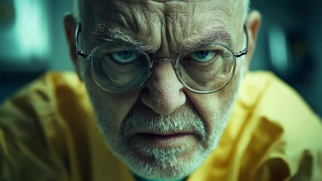 Intense close-up of an elderly man with glasses frowning and staring with an angry expression