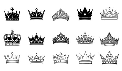 Crown Icon Collection with King and Queen Royal Designs in Outline and Silhouette Styles for Luxury Branding, Heraldry and Decorative Vector Projects © MINARA