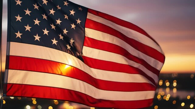 American flag waving at sunset for environmental projects, nature documentaries, and commercials
