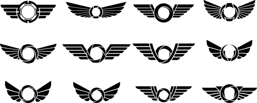 Winged Badge Logo Icon Set with Circular Emblems and Flying Wings in Vintage Style for Branding, Aviation, Labels, and Design Elements