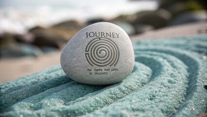 Naklejka premium Stone with Engraving of Journey and Symbol on a Zen Sand Circle