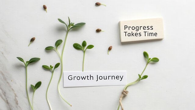 Growth Journey and Progress Takes Time with Green Sprouts and Seeds