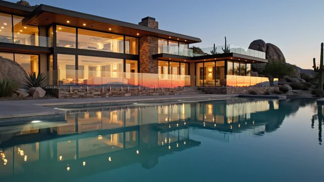 Modern house with pool in rocky desert for environmental projects, nature documentaries, and commercials