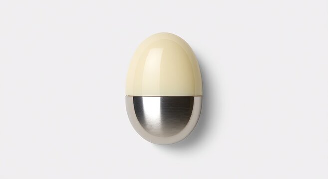 Smooth, modern, egg-shaped object with a shiny metallic base and creamy top