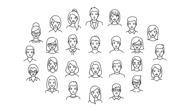 Modern circular avatar line icons with male and female user profile characters in minimal outline style