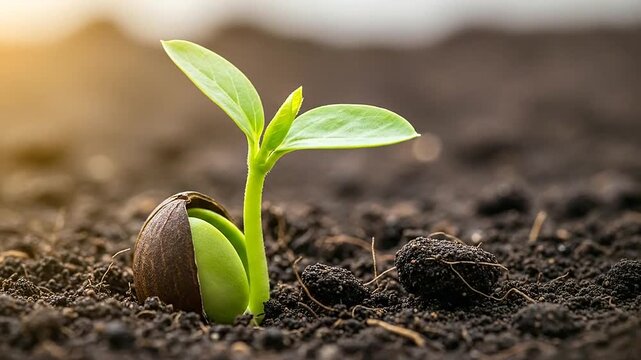 A small plant sprouts from the soil, showing the beginning of new life and growth