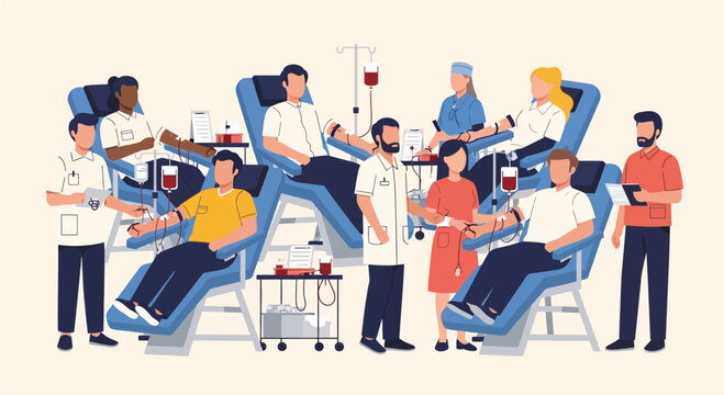 Diverse individuals donate blood at a bustling clinic, supported by medical staff. This illustrates the profound importance of voluntary contributions for community health, saving lives