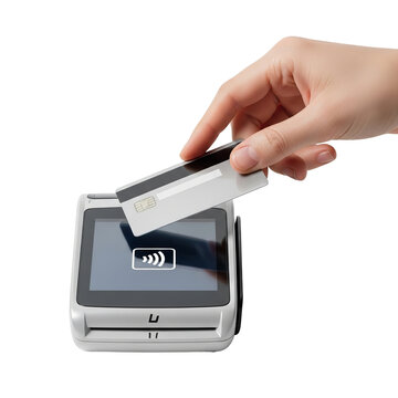 Contactless payment with credit card and POS terminal, hand holding bank card over wireless reader, secure digital transaction on white background