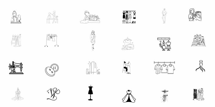 Professional Fashion Design Icon Set &ndash; Minimalist Tailoring Illustrations for Garment Manufacturing, Sewing Studios, and Apparel Industry Branding