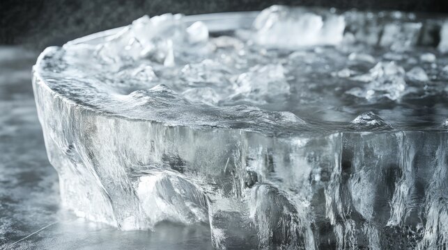 Ice sculpture base with fine chiseling texture and frost .