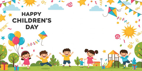 Fototapeta premium Happy Children’s Day Banner Design with Kids Playing in Park, Balloons, Kites, Playground and Festive Elements for Holiday Greeting, Poster, and Social Media Use