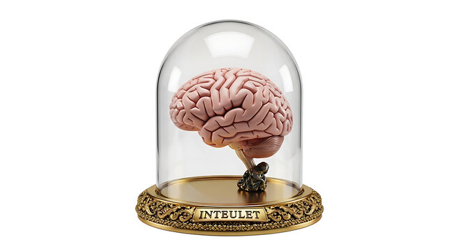 A pink human brain under a glass dome on a gold base labeled INTELLECT