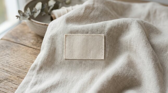 Blank label mockup on soft fabric backdrop