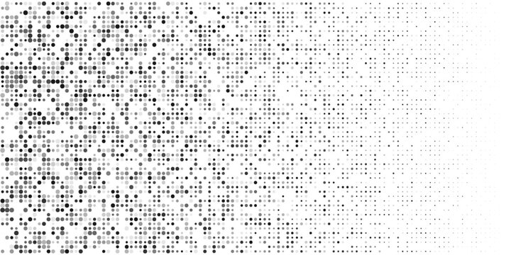 Halftone gradient pattern with fading dots. Smooth transition from white to black. Vector background with geometric pixel effect and subtle texture overlay. Lattice transition bg