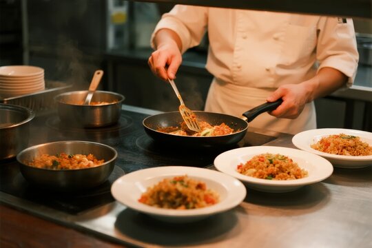 Chef plating fried rice in a professional kitchen