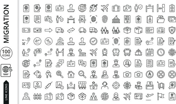 A collection of 100 line icons depicting various migration and travel related concepts. AI, eps, png, jpg. transparent background.