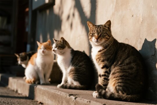Three cats sitting on a concrete step in sunlight, with one looking directly at the camera