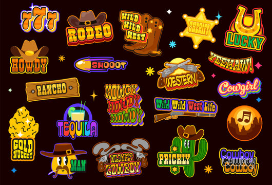 Wild West retro y2k groovy stickers, Western patch labels of vector cowboy hats, boots and cactus emoji, sheriff star and guns. Cute y2k smile emoticon, Western horseshoe and gold nugget stickers pack
