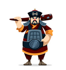 Obraz premium Cartoon Asian pirate character with mace weapon, beard and helmet. Vector oriental strong aggressive corsair, filibuster or rover personage, boldly posing, conveying a feeling of adventure and danger