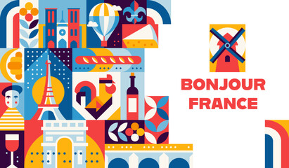 France travel and culture banner with modern geometric pattern. Vector retro tile background with Paris landmarks as Eiffel tower, arc de triumphed and Notre dame cathedral, croissant, wine or cheese © Vector Tradition