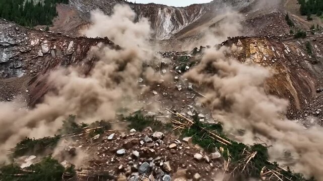 Massive Landslide Cascades Down Steep Mountainside Carrying Trees