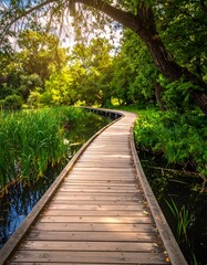 Obraz premium Wooden boardwalk meanders through lush wetlands, embraced by vibrant trees and sunlight