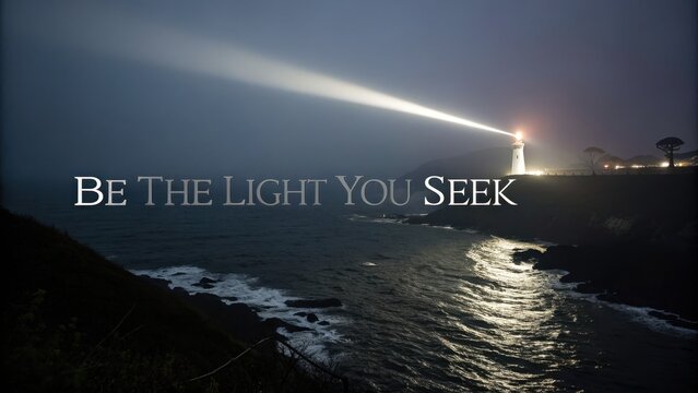 Serene Lighthouse Illuminating Coastline on Foggy Night Scene