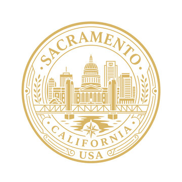 Gold Sacramento California city emblem with skyline and capitol building vector illustration