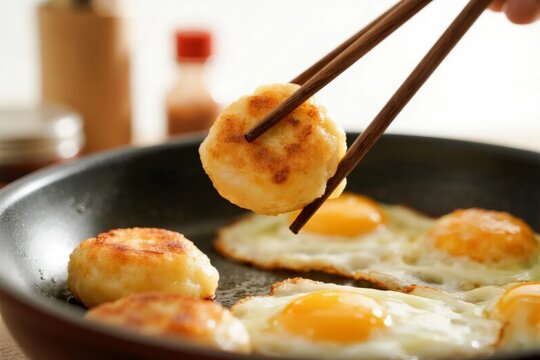 Frying pan with golden-brown scallops and sunny-side-up eggs being lifted with chopsticks