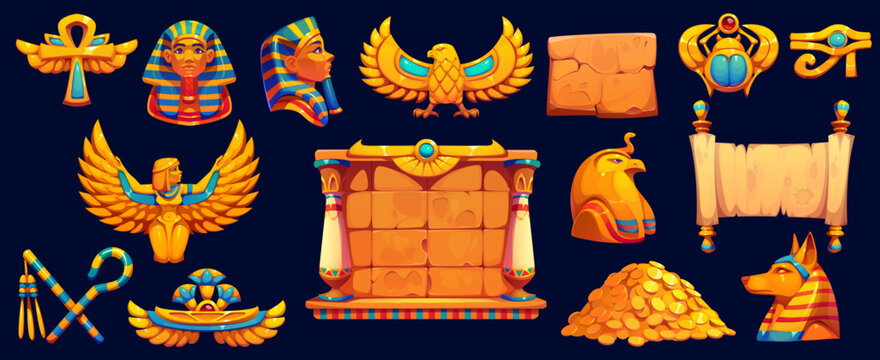Ancient Egyptian treasures for Egypt game icons and assets, cartoon vector set. Ancient Egypt game elements of pharaoh tomb and pyramid stones, golden money coins and Anubis god with papyrus scroll