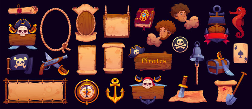 Pirate signboards, frames and heraldry icons, vector piracy. Cartoon old wood boards with corsair ship, captain pirate hats and swords, treasure maps and chest, vintage compass, anchor and rope icons