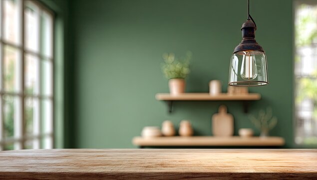 A warmly lit interior scene features a wooden tabletop and a decorative hanging light fixture.